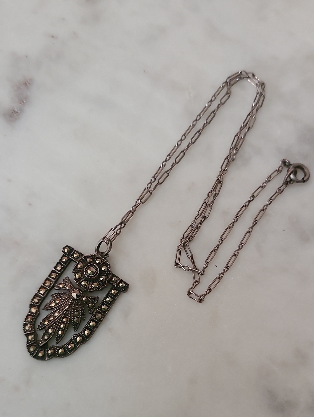 1920s Sterling Art Deco Marcasite Pendant Necklace
